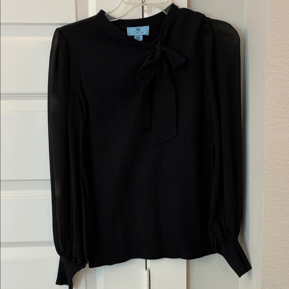CeCe Black Bow-Tie Long Sleeve Sweater with Sheer Sleeves